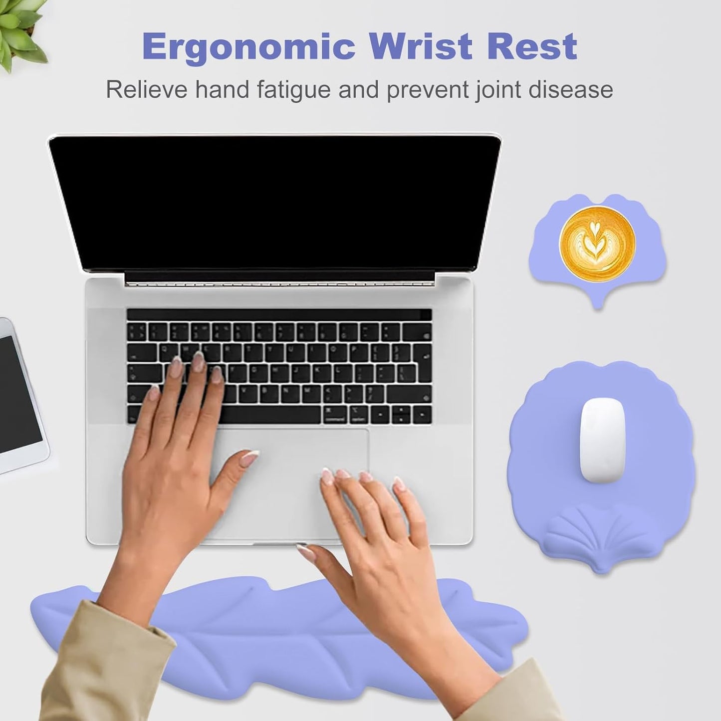 Keyboard Wrist Rest and Mouse Pad with Wrist Support Set, Ergonomic Leaf Shape Mouse Pad with Non-Slip Base, Pain Relief Memory Foam Mousepad for Computer,Laptop,Home Office, Green