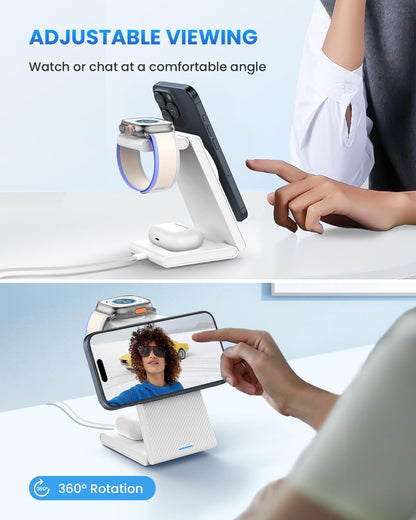 Charging Station for iPhone and Apple Watch: 3 in 1 Wireless Phone Charger Stand for iPhone 17 16 15 14 13 12 11 Pro Max & AirPods, Bedside Nightstand Docking