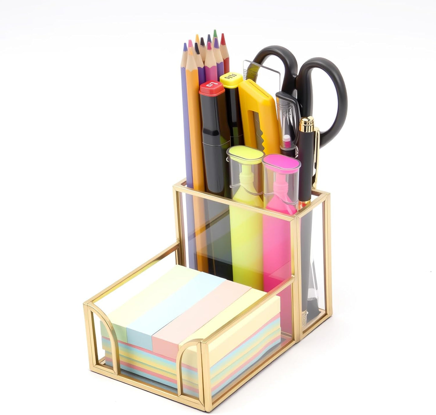 Sticky Note Holder,Glass Post It Note Dispenser with Pen Slot,Gold 3 x 3 Inch Post It Note Holder for Desk,Stylish Sticky Note Dispenser for Home Office Desk