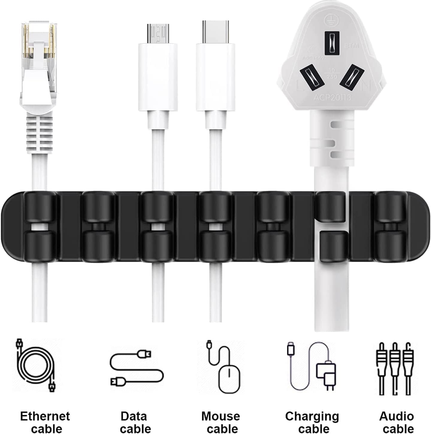 SOULWIT Upgraded Cable Holder, Cable Management Cord Organizer Clips Silicone Self Adhesive for Desktop USB Charging Cable Power Cord Bedside Wire PC Office Home (3/5/7 slot,Black)