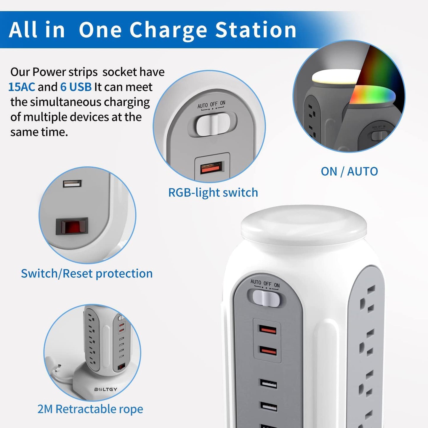 Flat Plug Total Fast Charging Station, Protector with 15 AC Outlets and 6 USB Ports (2 Fast Charge), Tower Surge Protector Power Strip, 6.5FT Extension Cord for Home Office Dorm Room.