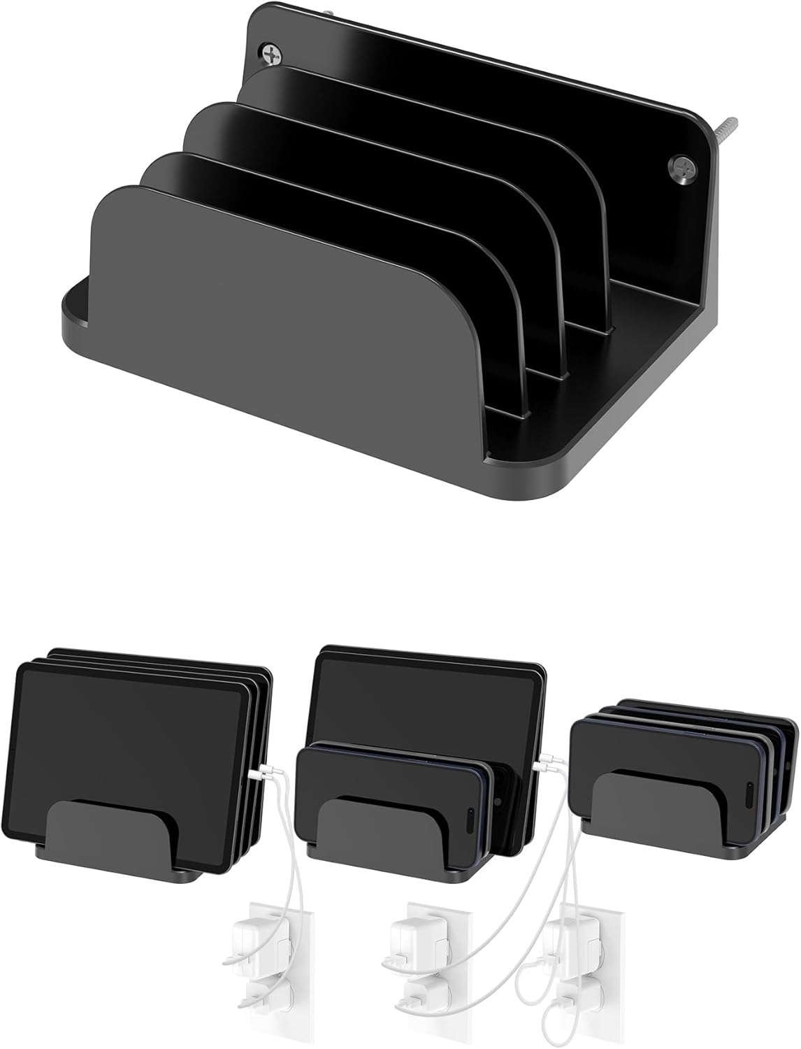 Wall Mount Phone Holder for Smartphones and Tablets, Phone Shelf with 4-Slot Docking Station Compatible with Tablet, ipad, Kindle Wall Charging Organizer (Black)