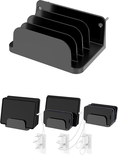 Wall Mount Phone Holder for Smartphones and Tablets, Phone Shelf with 4-Slot Docking Station Compatible with Tablet, ipad, Kindle Wall Charging Organizer (Black)