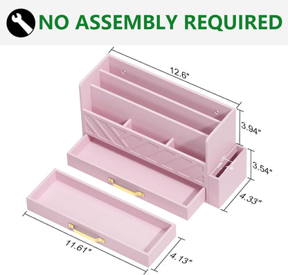 WISUCART Bamboo Desk Organizer Mail Holder Countertop Wood Desk Drawer Tabletop Storage Box Pen Holder Letter Sorter Makeup Organizer for School Home Office Supplies with Pen Holder White