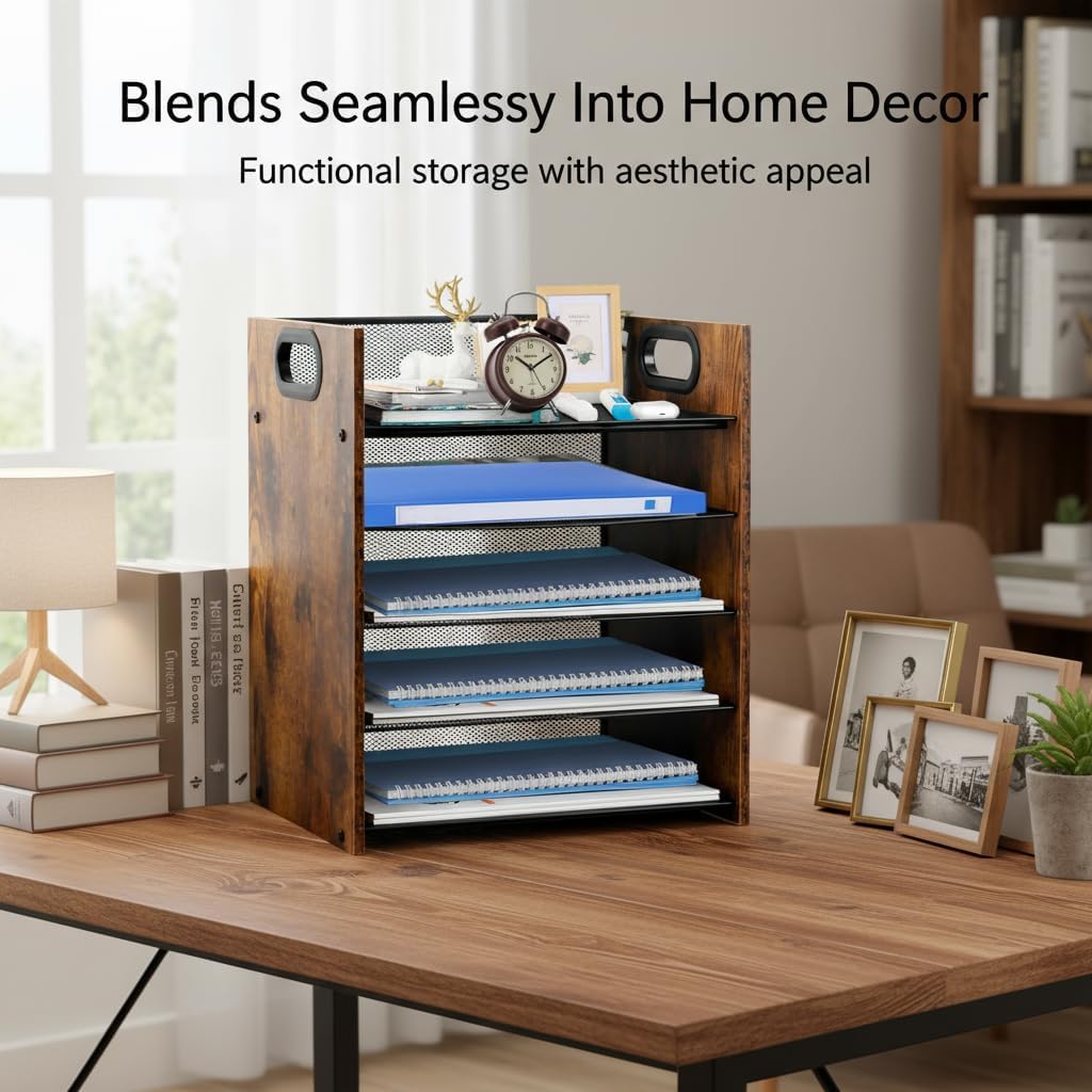Wood Desk Organizer - 3-Tier Desktop File Organizer with Drawer, Wooden Paper Tray, Office Desk Organzier and Accessories for Papers, Mail, Notebooks, Stationery