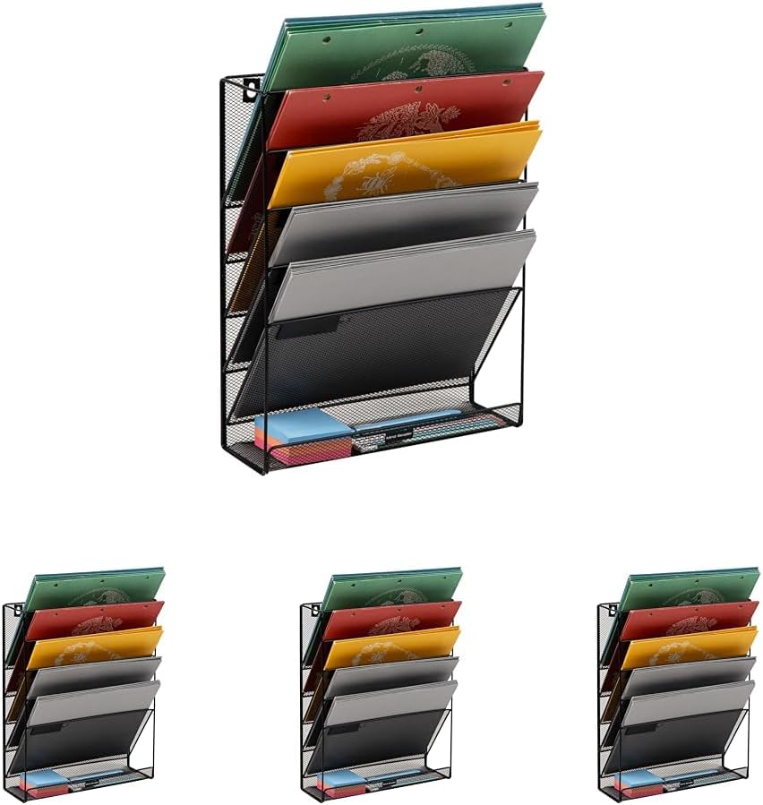 Mind Reader 5-Pocket Vertical File Storage, Desktop Organizer, Wall Mount, Office, Metal Mesh, Pink