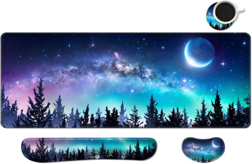 MIBITRI Keyboard Mouse Pad Set, Extended Gaming Mouse Pad+Ergonomics Keyboard Wrist Rest Support, Memory Foam, Easy Typing Pain Relief, 4Pcs XXL Ultra Thick Desk Mat, Enchanted Bookshelf