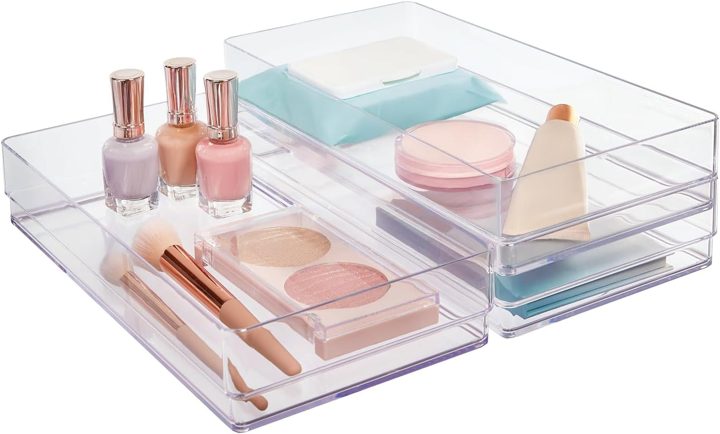 STORi SimpleSort 3-Piece Stackable Clear Drawer Organizer Set | 9" x 6" x 2" Rectangle Trays | Wide Makeup Vanity Storage Bins and Office Desk Drawer Dividers | Made in USA