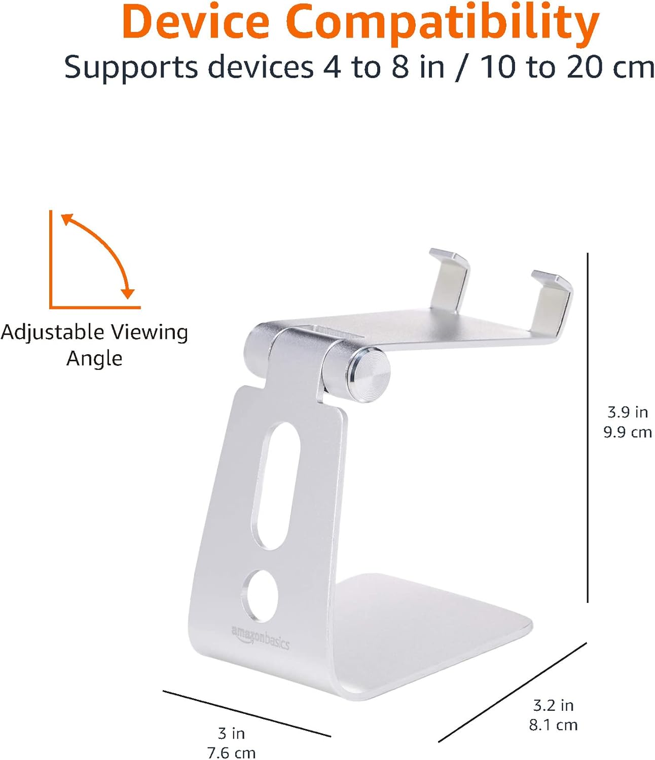 Amazon Basics Adjustable Aluminum Phone Stand for Cell Phones, iPhone and Android, Desktop Phone Holder with Adjustable Angle, Hands-Free Viewing, 3.15 x 2.87 x 3.74 inch, Silver