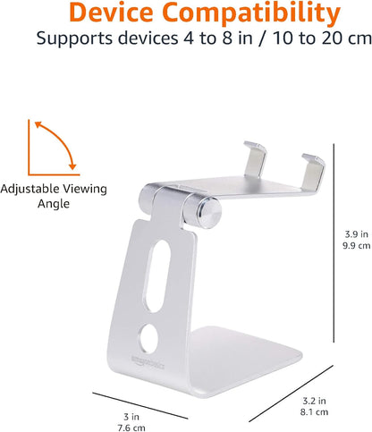 Amazon Basics Adjustable Aluminum Phone Stand for Cell Phones, iPhone and Android, Desktop Phone Holder with Adjustable Angle, Hands-Free Viewing, 3.15 x 2.87 x 3.74 inch, Silver
