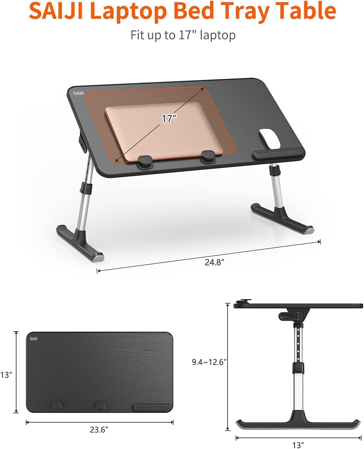 SAIJI Height & Angle Adjustable Laptop Stand for Bed, Lap Desk Bed Tray Table, Light Weight Foldable Portable Laptop Table for Couch Sofa Chair Floor Desk for Adults, Kids (52*30cm Black)