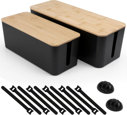 2 Pack Cable Management Box - Cord Organizer Box with Wooden Lid for TV Wires, Power Strips, Router, USB Hub & Under Desk Power: Baby & Pet Proof Cord Management, Cord Hider for Home & Office (White)