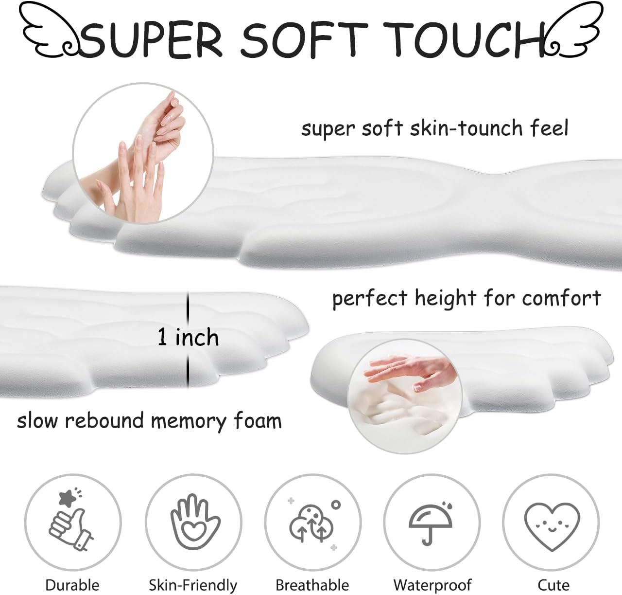 JIKIOU Angel Wing Wrist Rest Ergonomic Memory Foam Wrist Rest for Computer Keyboard Mouse Set, Cute Leather Keyboard & Mouse Support with PU Anti-Slip Base Waterproof White