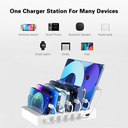 Charging Station for Multiple Devices 68W 6 Port Phone Charger Dock with 6 Cables, 20W Black Fast Charging Station Compatible with Apple Cellphone iPad iPhone Tablet(Black)