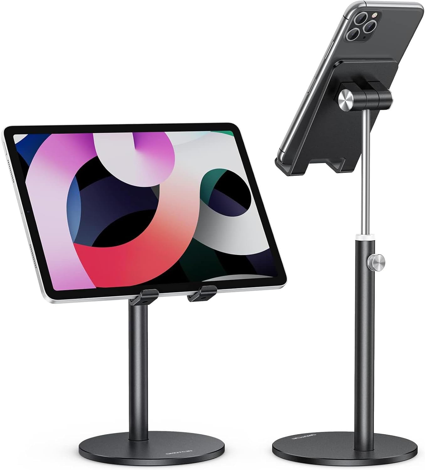 OMOTON Cell Phone Stand, Angle Height Adjustable Phone Holder, Aluminum Desktop Phone Dock for Desk, Compatible with iPhone 17 Pro Max, All Smartphones and Tablets(4-11''), Silver