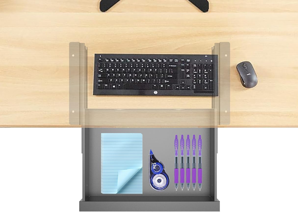 Under Desk Mounted Sliding Pull-Out Drawer for Office Desk W 19.2" x D 13.4" Storage Organizer for Sit Stand Workstation, Metal, Black (Large)