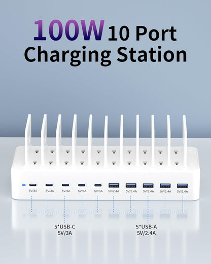 100W Charging Station for Multiple Devices, 10-Port USB Fast Charging Station with Adjustable Dividers & 10 Cables- Multi Device Organizer Charging Dock for iPhone, iPad, Tablets & More(White)