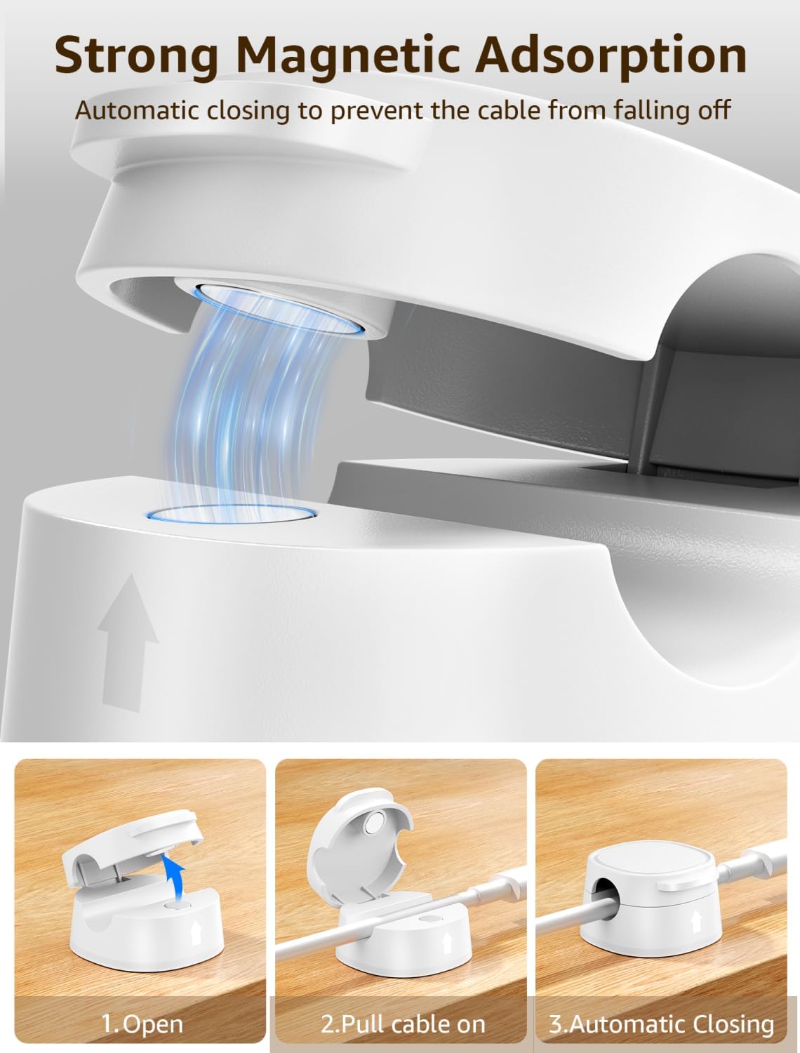 12 Pack Magnetic Cable Clips – [One-Snap Lock] Phone Cord Holder for Desk, Adhesive Magnetic Cord Organiser for Nightstand, Wall, Car – Under Desk Cable Management for Office, Home