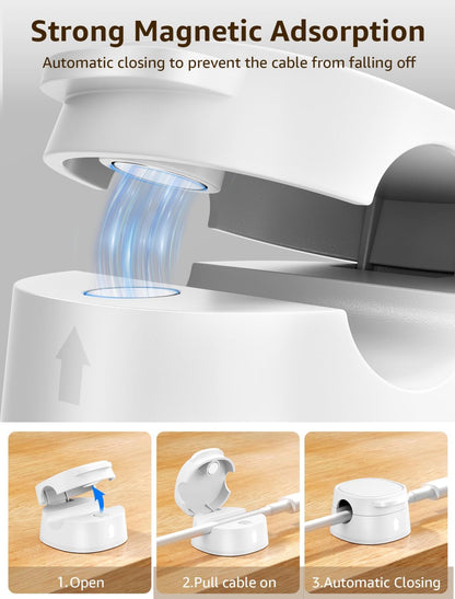 12 Pack Magnetic Cable Clips – [One-Snap Lock] Phone Cord Holder for Desk, Adhesive Magnetic Cord Organiser for Nightstand, Wall, Car – Under Desk Cable Management for Office, Home