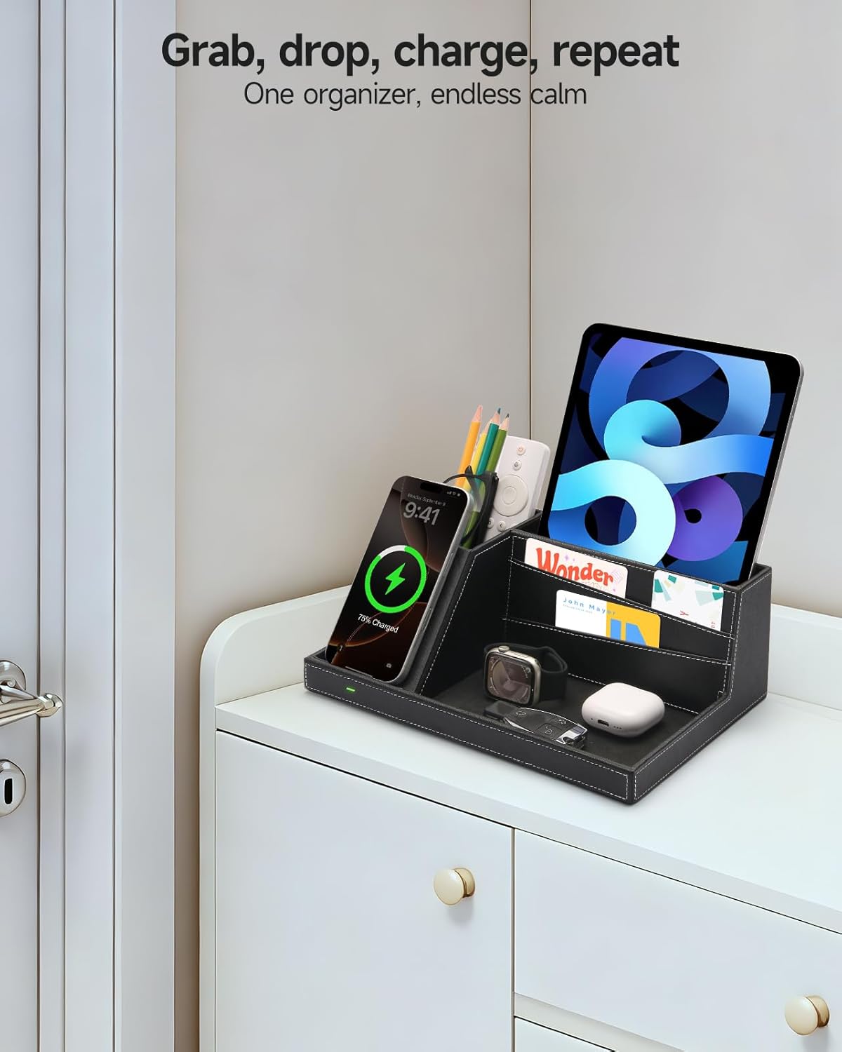 Fast Wireless Charging Station with Desk Organizer for iPhone 17/16/15/15 Pro/14/14 Pro Max/14 Pro/14 Plus/13/13 Pro Max/13 Pro/and iPhone 12/11 Series, Nightstand Desktop Organizer, Brown