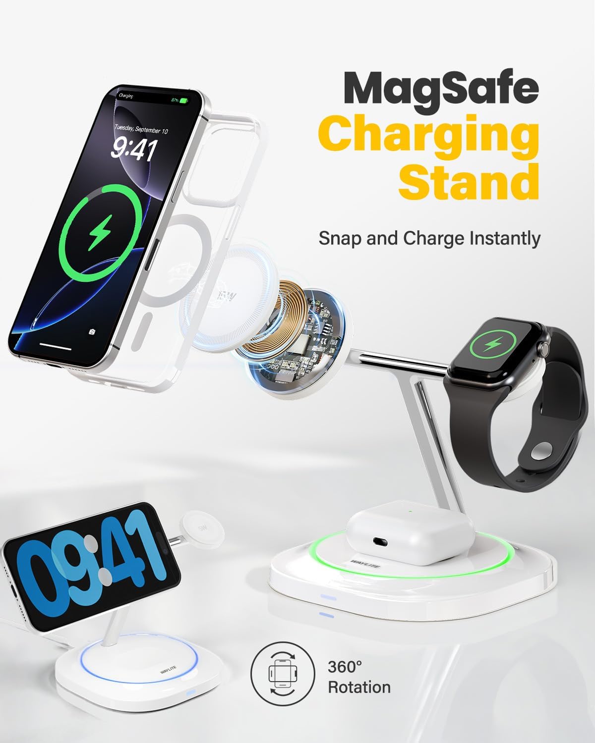 3 in 1 Magnetic Wireless Charger for Apple - Fast Charging Station Compatible with MagSafe for iPhone17-12, Apple Watch& AirPods, Phone and Watch Charger Stand for Desktop Bedside Nightstand (White)
