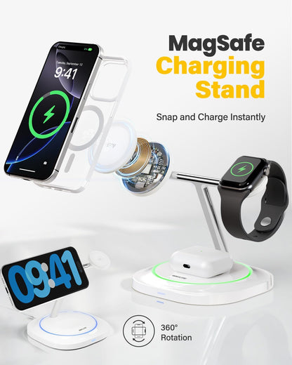 3 in 1 Magnetic Wireless Charger for Apple - Fast Charging Station Compatible with MagSafe for iPhone17-12, Apple Watch& AirPods, Phone and Watch Charger Stand for Desktop Bedside Nightstand (White)
