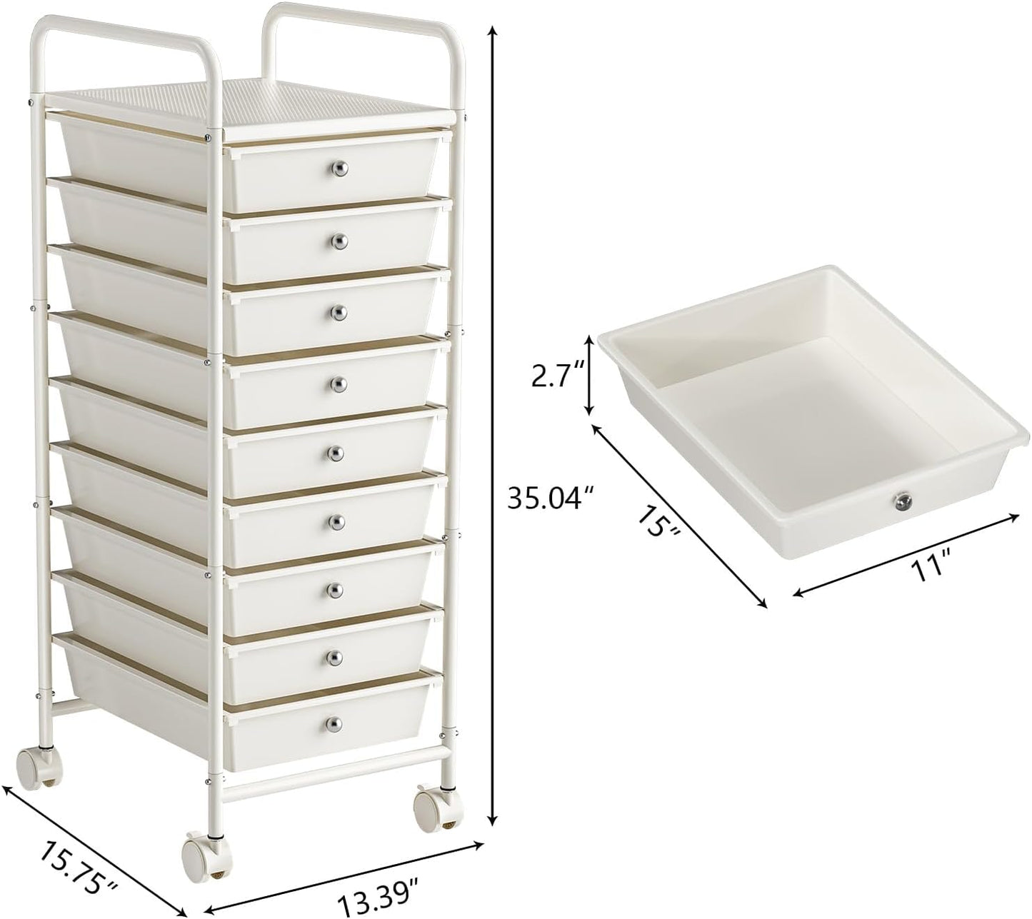 4-Tier Utility Cart with 4 Drawers, Rolling Utility Cart with 2 Lockable Caster Wheels, Multipurpose Mobile Rolling Drawer Cart for Office Bathroom Kitchen, Ivory White