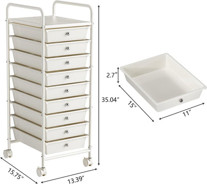 4-Tier Utility Cart with 4 Drawers, Rolling Utility Cart with 2 Lockable Caster Wheels, Multipurpose Mobile Rolling Drawer Cart for Office Bathroom Kitchen, Ivory White