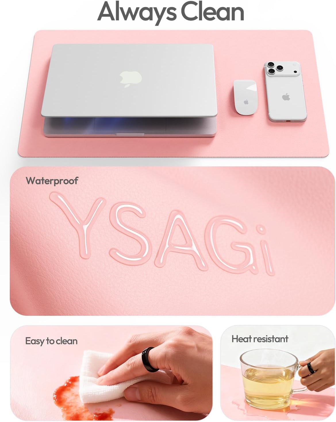 YSAGi Leather Desk Protector, Office Mat, Large Mouse Mat, Non-Slip PU Leather Blotter, Laptop Pad, Waterproof Writing Pad for Office and Home (Light Pink, 23.6" x 13.8") - Colors B