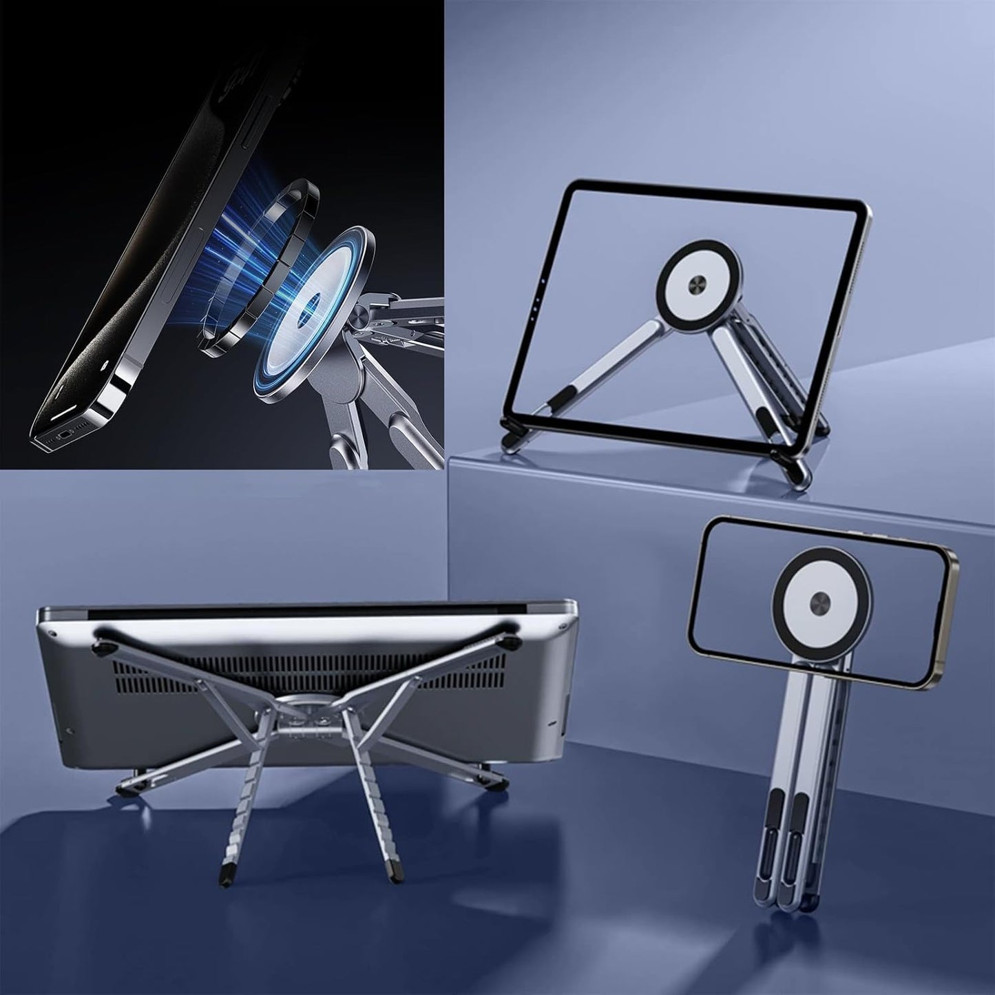 Laptop Stand for Desk, Adjustable Aluminum Alloy Magnetic Foldable Phone Stand, 8 Level Height Adjustable Laptop Stand, 3 in 1 Computer Riser for Phone, Tablet and Laptop