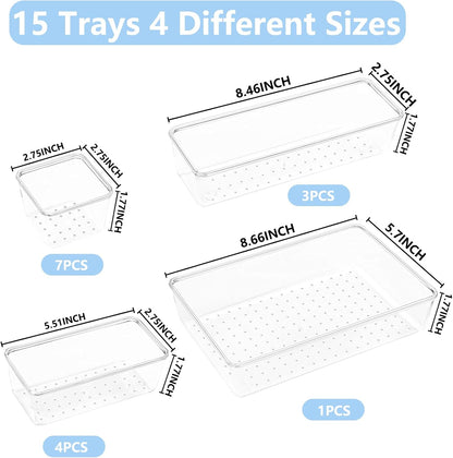 Clear Drawer Organizer Set, 4 Sizes Desk Drawer Divider Organizers Storage Bins for Bathroom,Kitchen,Office,Vanity Organizers Tray for Jewelry (27PACK)