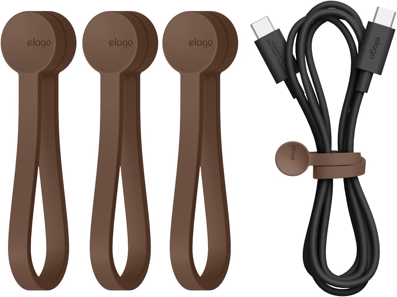 elago 3 Pack Magnetic Cable Ties, Premium Silicone Cord Organizer, Reusable Strong Magnet Cable Organizer, Elegant Desk Management Solution (Brown)