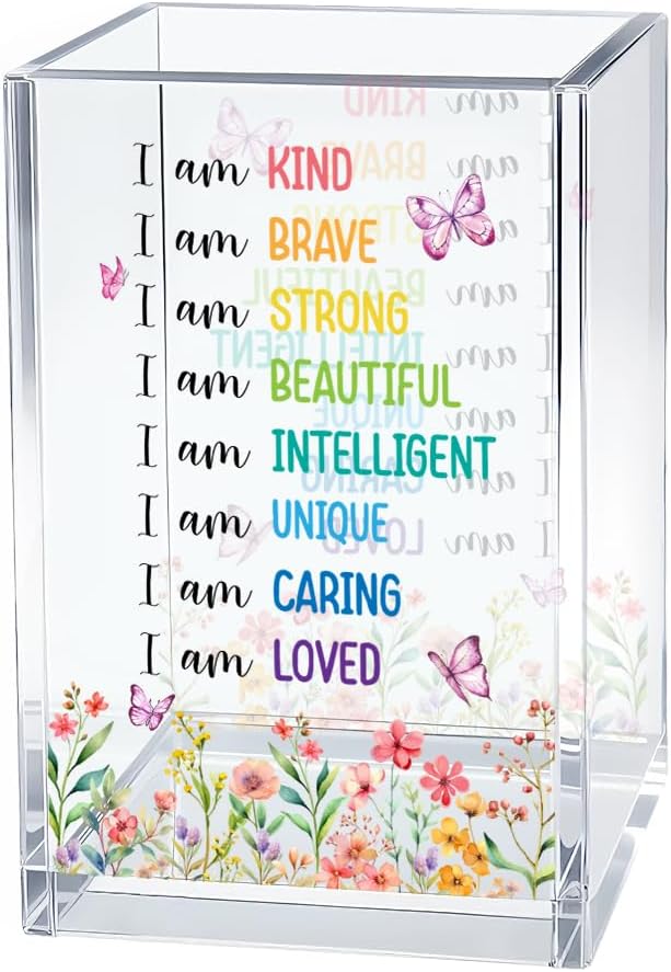 Just Breathe Acrylic Cosmetic Organizer Pen Holder, Anxiety Relaxing Acrylic Desk Holder Cup for Pen Pencil, Dandelion Desk Organizer, Mental Health Office Gifts for Coworker Leader Friend