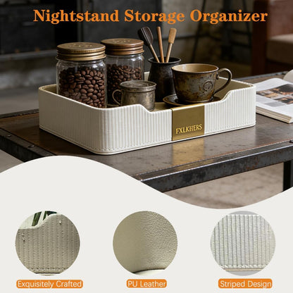 Valet Tray Nightstand Storage Organizer - PU Leather Desktop Storage Organizer Fits Cosmetics Perfume Skincare Lipsticks for Dresser Vanity, Catchall Tray for Watch Wallet Phone Keys|Beige