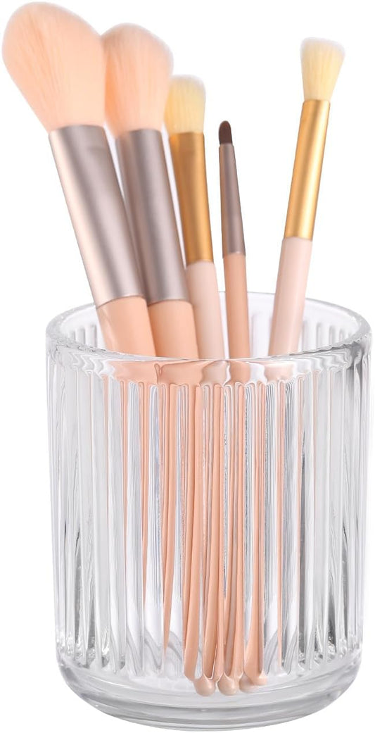 DASITON Makeup Brush Holder Organizer, Crystal Glass Makeup Brushes Storage Holder, Vintage Make Up Brush Cup for Vanity, Pen Pencil Holder for Desk, Toothbrush Holders for Bathroom (Clear SL)