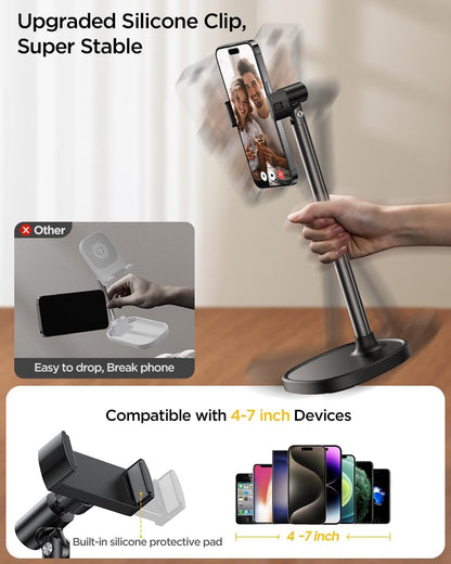 DIMONCOAT Phone Stand for Desk, Angle Height Adjustable Phone Holder for Desk, Aluminum Alloy Universal iPhone Holder, Retractable Cell Phone Stand Recording Office for iPhone 17 16 15 Pro Max S26
