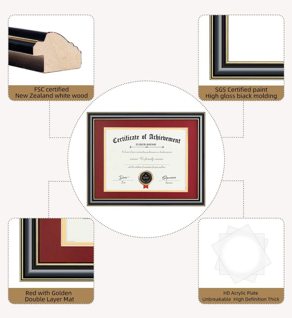 ELSKER&HOME Diploma Frame - Wide Solid Wood Frame - Black Velvet Golden Rim Mat - Semi-Tempered Glass - Includes Hanging Hardware and Desktop Easel(ONLY Display 11×14 Document/Certificate)