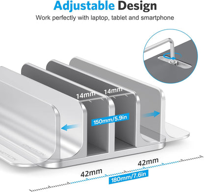 OMOTON Vertical Laptop Stand [Updated 3-Slots Version], Desktop Aluminum Mac Book Stand with Adjustable Dock Size, Fits All Mac Book, Chrome Book and Gaming Laptops (Up to 17.3 inch), Starlight