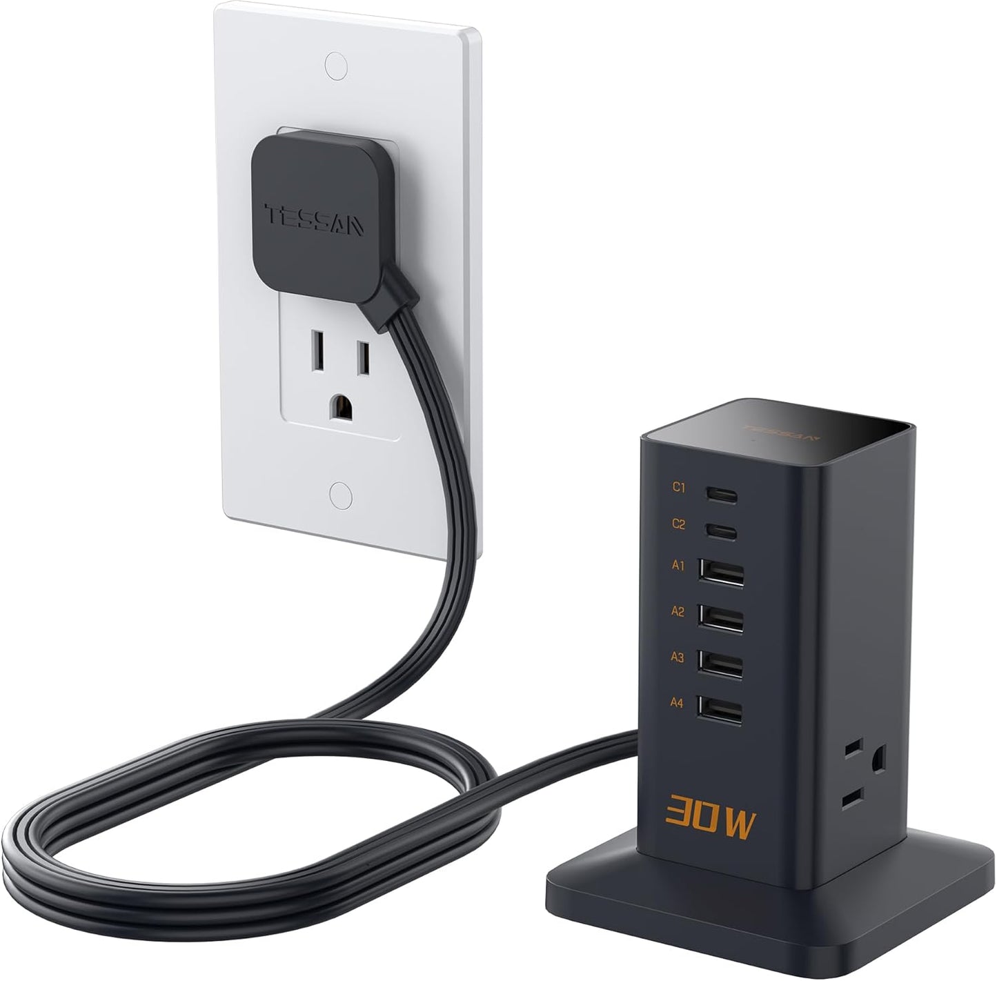 Charging Station for Multiple Devices, TESSAN 9-in-1 USB C Power Strip for iPhone 17/16/15, MacBook, Tablet, Desktop Phone Fast Charger with 3 AC, USB Charger, Home Drom Office Accessories, White-65W
