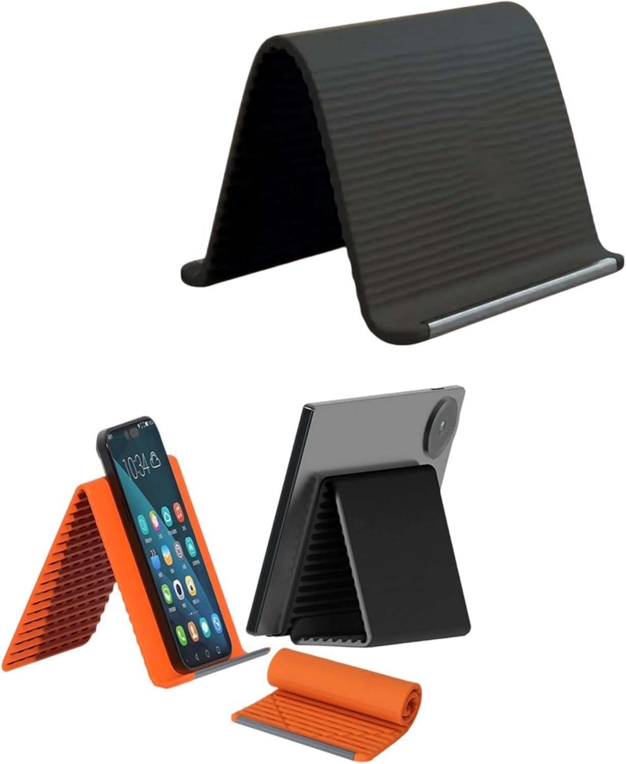 Silicone Phone Stand with Aluminum, Flexible Foldable Phone Holder, Bendable Adjustable Anti-Slip Desktop Stand for Phone Tablet Laptop, Portable Rollable Multi-Angle Stand for Travel (Black)