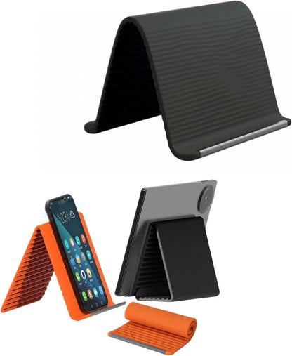 Silicone Phone Stand with Aluminum, Flexible Foldable Phone Holder, Bendable Adjustable Anti-Slip Desktop Stand for Phone Tablet Laptop, Portable Rollable Multi-Angle Stand for Home (Black+Orange)