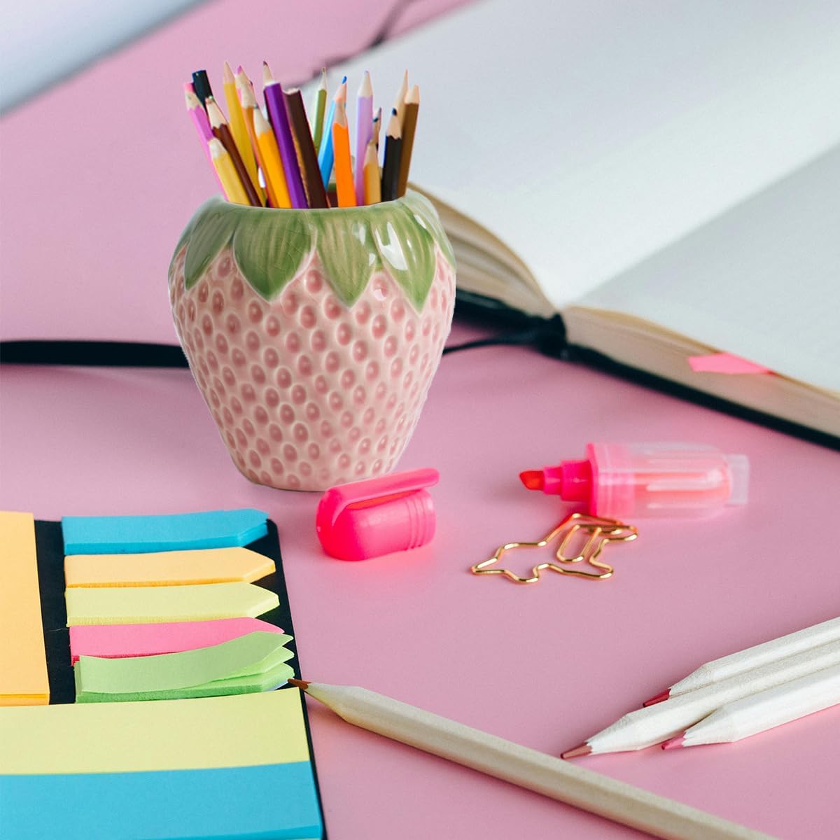 Strawberry Pencil Holder, Cute Pen Holder for Desk, Ceramic Pen Holder, Stand Makeup Brush Holder, for School, Home, Office Desk Decor(Pink)