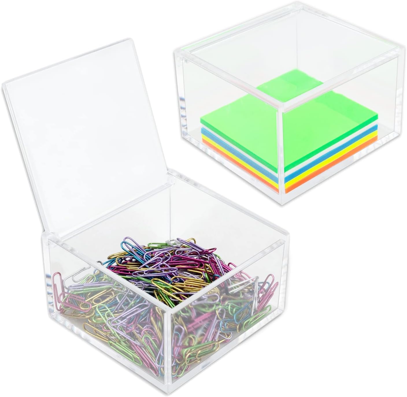 2 Pack Small Clear Acrylic Organizer with Lid for Paper Clips,Sticky Note,Qtip,Cotton Balls,Hair Ties Holder Acrylic Box for Home office Bathroom Desk Organizer