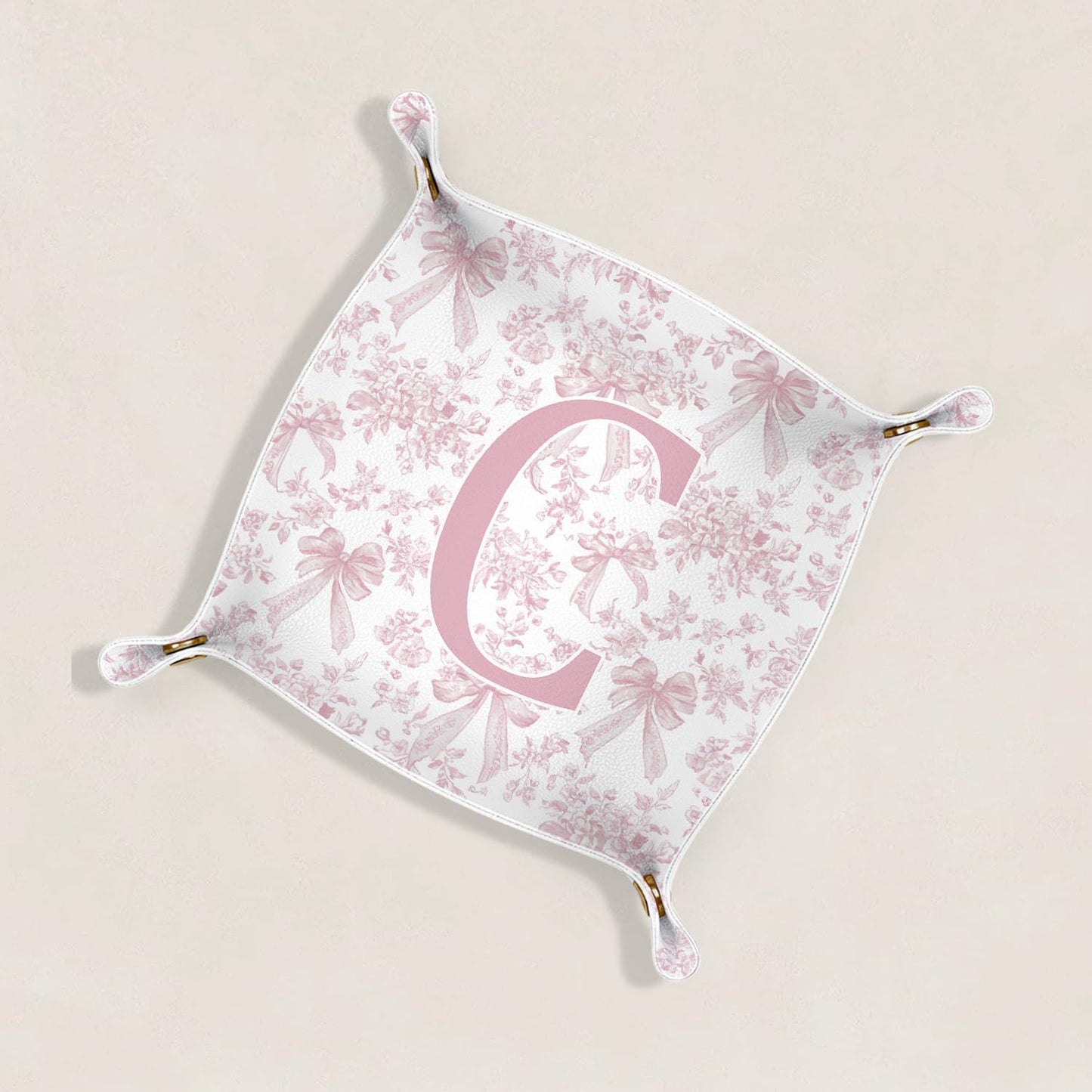 Gifts for Mom Initial Valet Tray,Pink Personalized Gifts for Women Mom Grandma Girlfriend,Nightstand Desk Accessories PU Leather Tray Organizer for Birthday Christmas Gift Ideas (B)