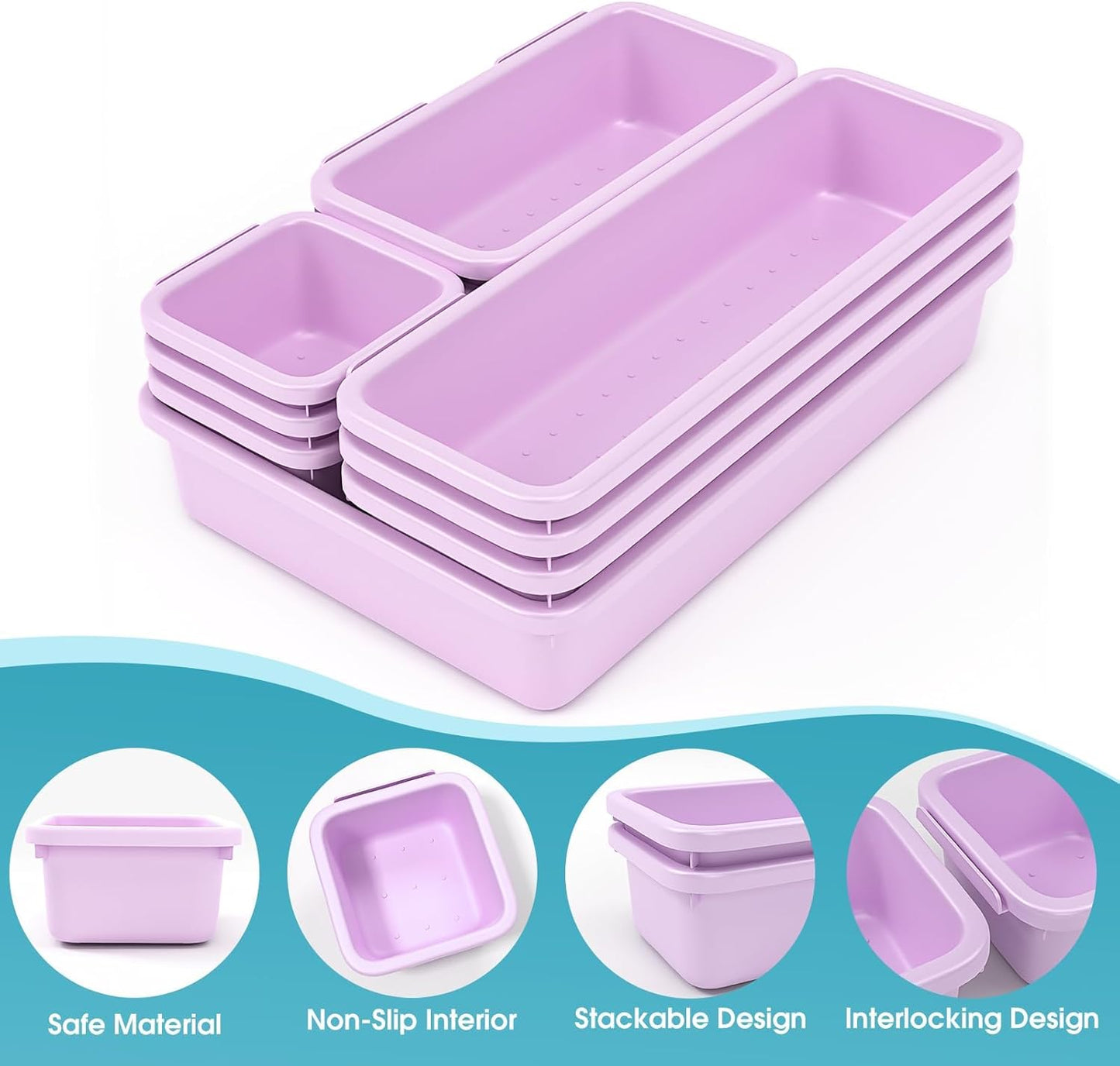 StoreHappily 10 PCS Drawer Organizer Set, 4 Size Makeup Drawer Divider Organizer With Non-Slip Pads, Interlocking Plastic Storage Bins for Office,Jewelry Vanity,Gadgets, Bathroom,Kitchen, Black