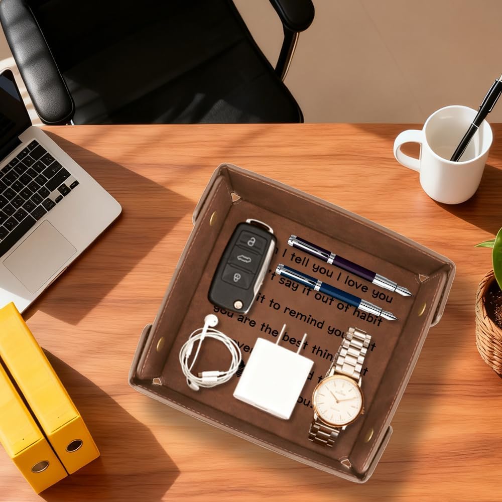Aelciyue Boyfriend Valentines Day Gifts - Christmas Father's Day Cool Birthday Gifts for Boyfriend Ideas Anniversary Keepsake Gift Leather Tray Organizer Leather Valet Catchall Desk Tray - I Love You