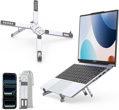 ORICO Portable Laptop Stand for Travel & Desk, Ultra-Compact Foldable Aluminum 3-in-1 Riser for Laptop, Tablet & Phone, 5 Adjustable Heights, Compatible with MacBook/HP/Dell/iPad/iPhone – PN1 (Gray)