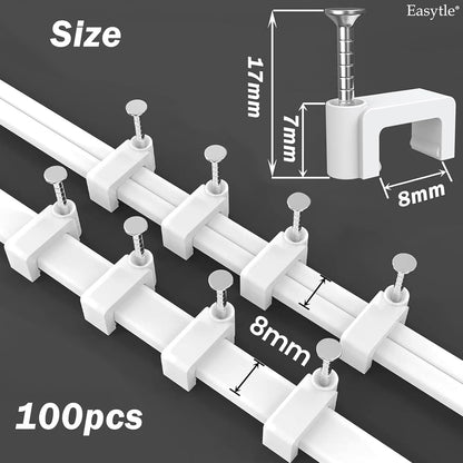 Cable Clips Nail in Cable Clips 100 Pcs 8mm Flat Ethernet Cable Wall Clips Cable Tacks Coax Cable Clip Speaker Wire Clips Cable Nails for Cords Cat5/Cat5e/Cat6/Cat7 RJ45 Cord Clips
