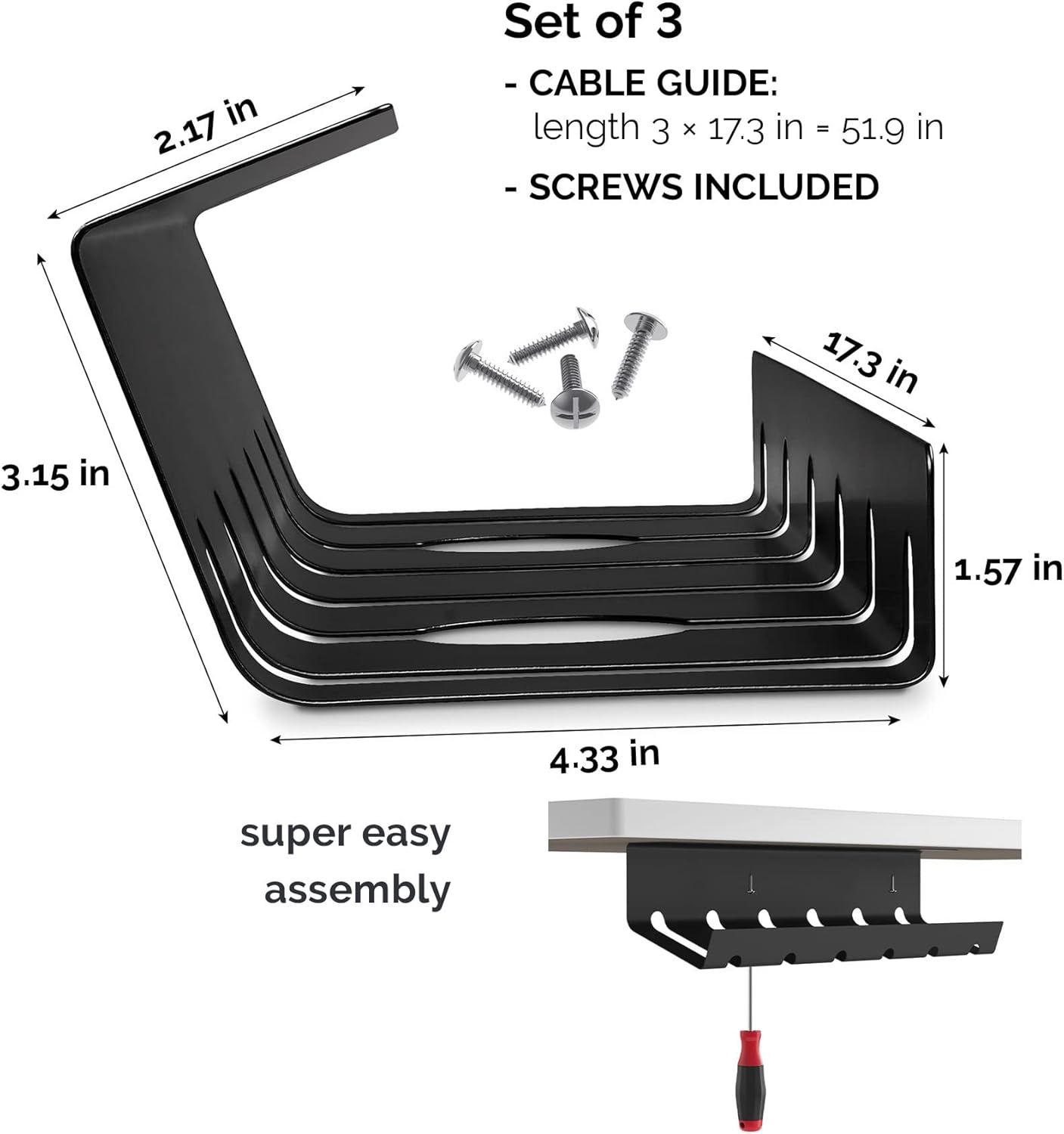 PAMO Cable Management Under Desk for Easy mounting Under-Table I Set of 2 - with 10X Cable Ties I Desk Organizer for Office/Home Office Table Thoughtful Cable Tray Holder