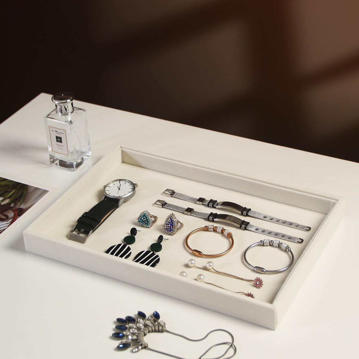 Coward Stackable Jewelry Trays Organizer Set with Clear Lid, Trays for Drawer, Earring Necklace Bracelet Ring Display Organizer (beige(ring+12girds+30girds+The glass lid))